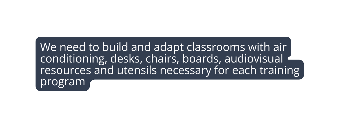 We need to build and adapt classrooms with air conditioning desks chairs boards audiovisual resources and utensils necessary for each training program