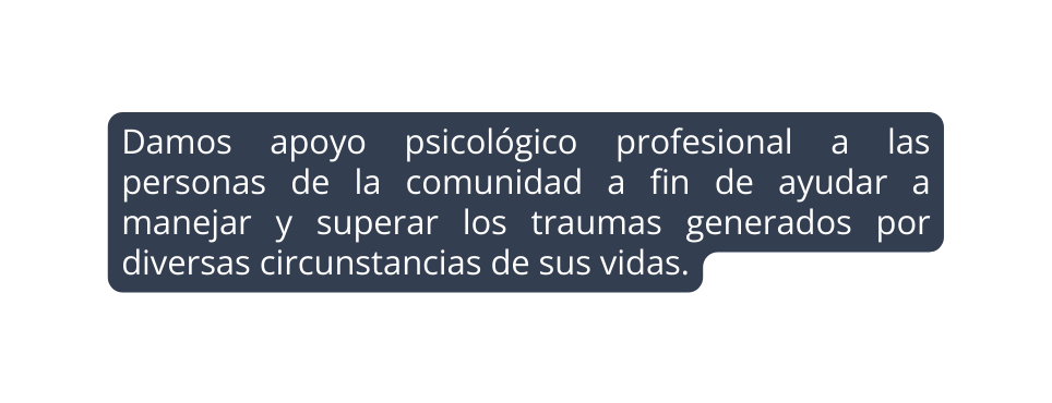 Damos apoyo psicológico profesional a las personas de la comunidad a fin de ayudar a manejar y superar los traumas generados por diversas circunstancias de sus vidas