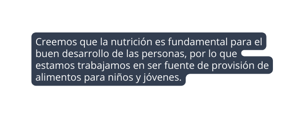 Creemos que la nutrición es fundamental para el buen desarrollo de las personas por lo que estamos trabajamos en ser fuente de provisión de alimentos para niños y jóvenes